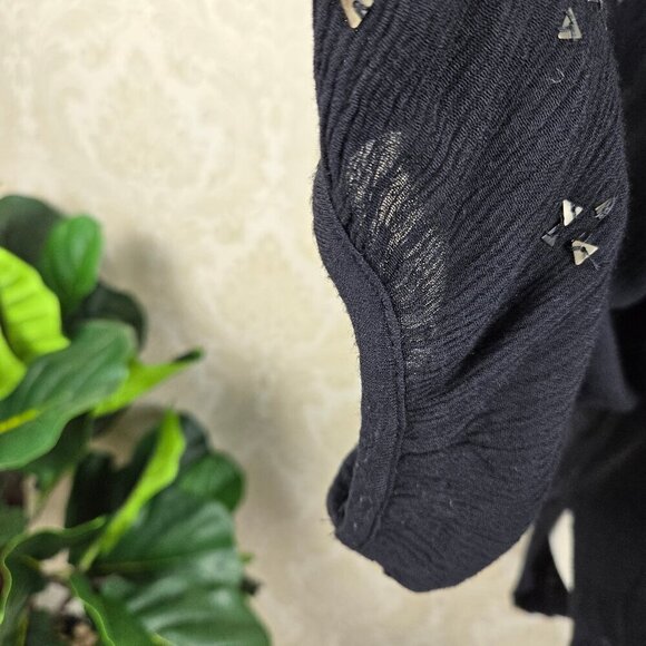 Free People Size Small Black Peasant Top Tie Scoop Neck Long Sleeve Embellished - Picture 5 of 16
